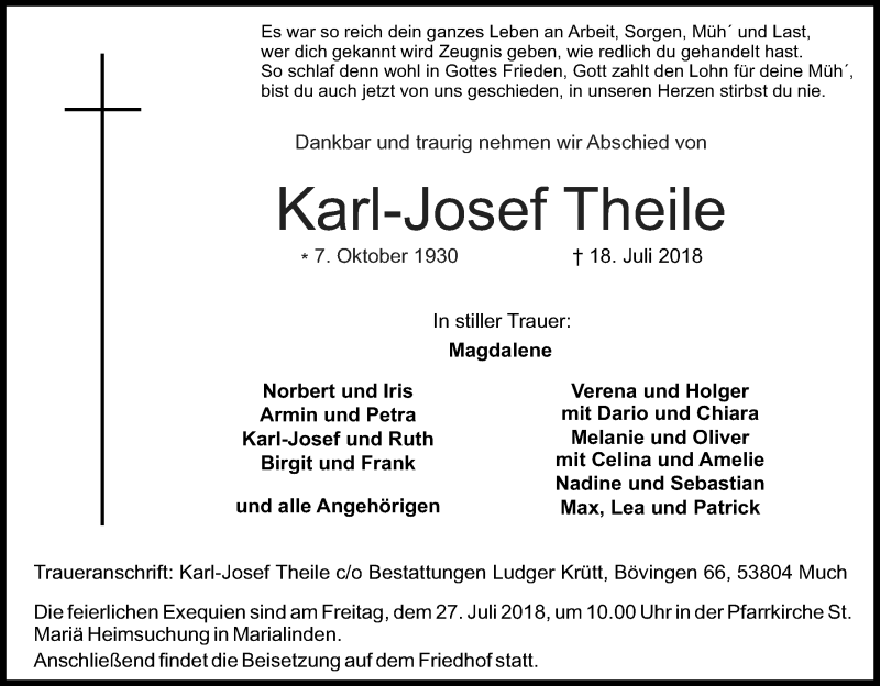  Traueranzeige für Karl-Josef Theile vom 21.07.2018 aus HS