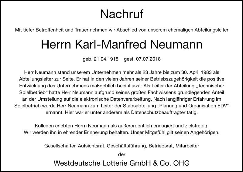  Traueranzeige für Karl-Manfred Neumann vom 28.07.2018 aus GS