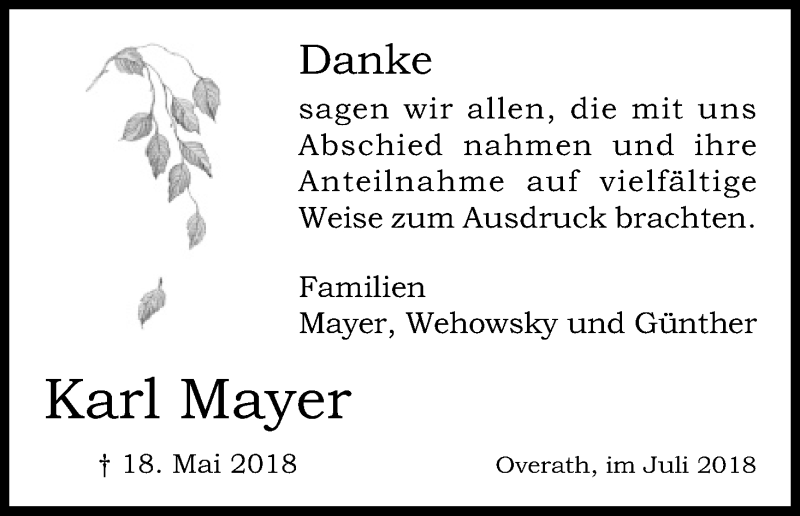  Traueranzeige für Karl Mayer vom 14.07.2018 aus RB