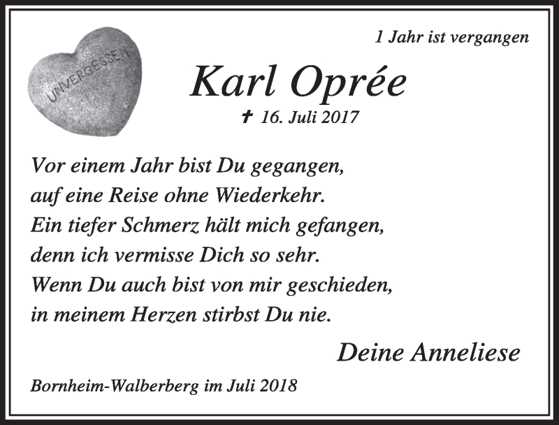  Traueranzeige für Karl Opree vom 11.07.2018 aus  Schaufenster/Blickpunkt  Schlossbote/Werbekurier 