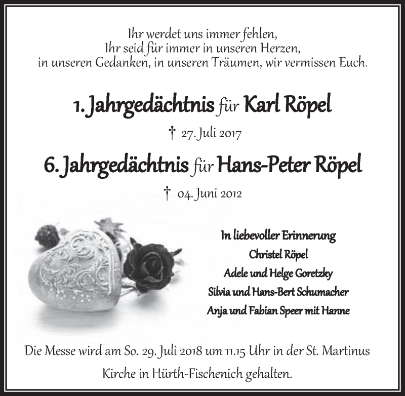  Traueranzeige für Karl Röpel vom 25.07.2018 aus  Wochenende 