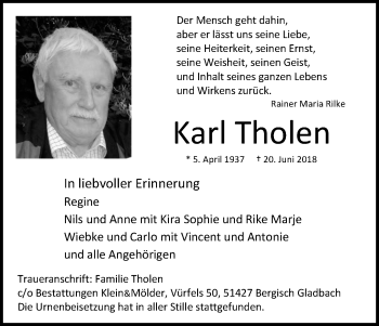 Anzeige von Karl Tholen von RB