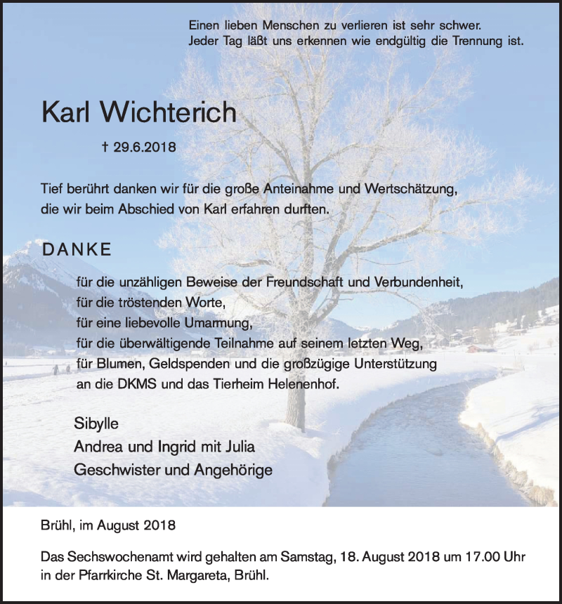  Traueranzeige für Karl Wichterich vom 18.07.2023 aus  Schlossbote/Werbekurier 