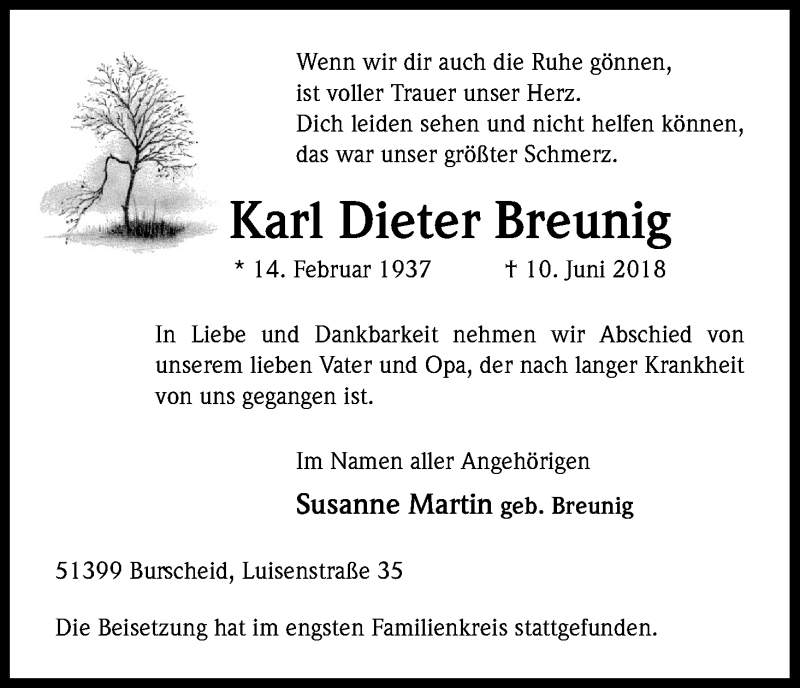  Traueranzeige für Karl Dieter Breunig vom 07.07.2018 aus SLE