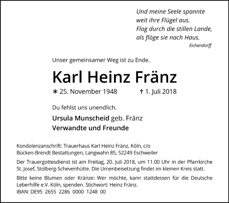  Traueranzeige für Karl Heinz Fränz vom 14.07.2018 aus GS