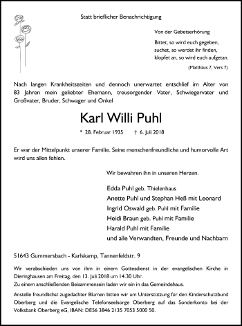 Anzeige von Karl Willi Puhl von OB