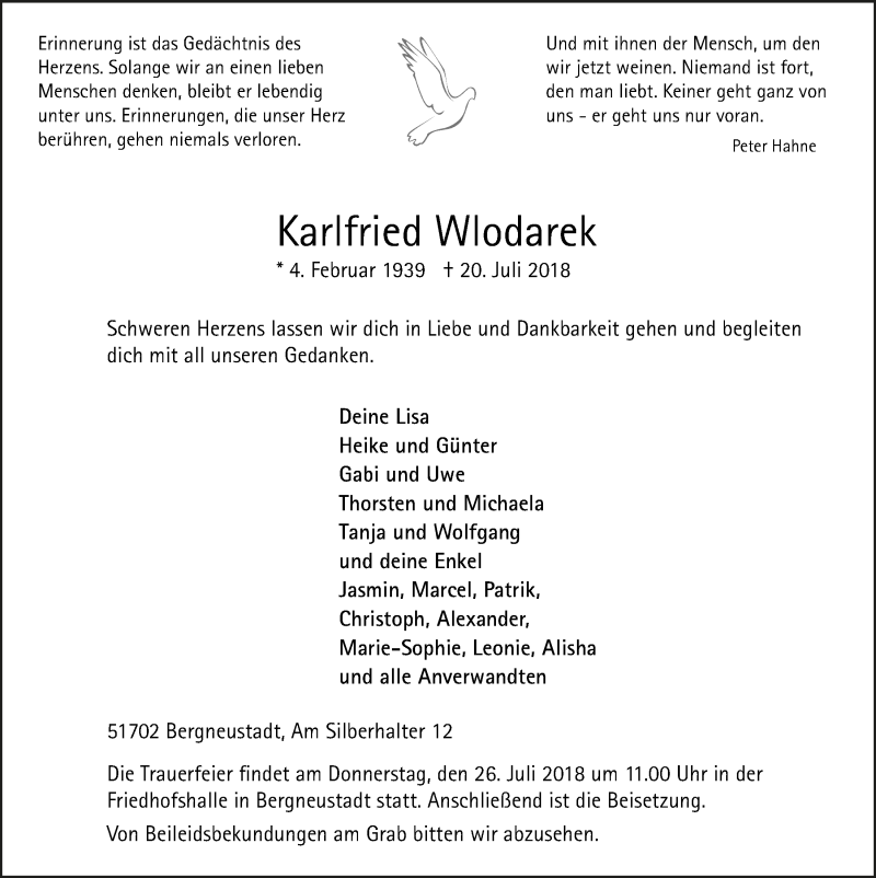  Traueranzeige für Karlfried Wlodarek vom 25.07.2018 aus  Anzeigen Echo 