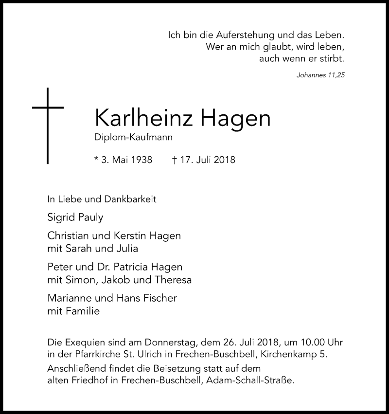  Traueranzeige für Karlheinz Hagen vom 21.07.2018 aus GS