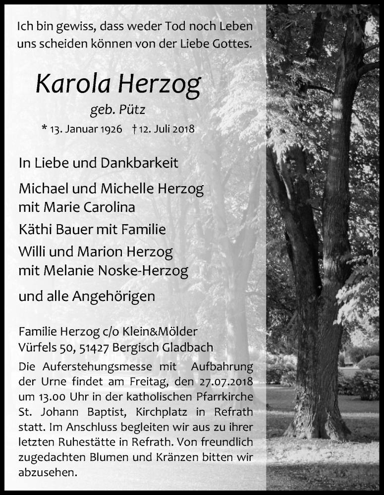  Traueranzeige für Karola Herzog vom 25.07.2018 aus RB