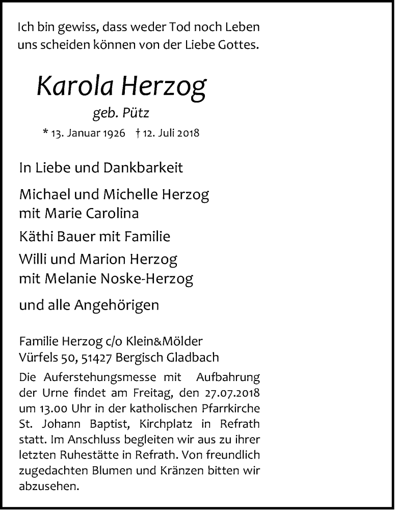  Traueranzeige für Karola Herzog vom 21.07.2018 aus RB