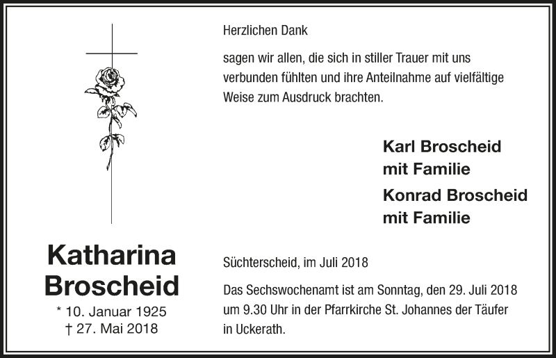  Traueranzeige für Katharina Broscheid vom 25.07.2018 aus  Extra Blatt 