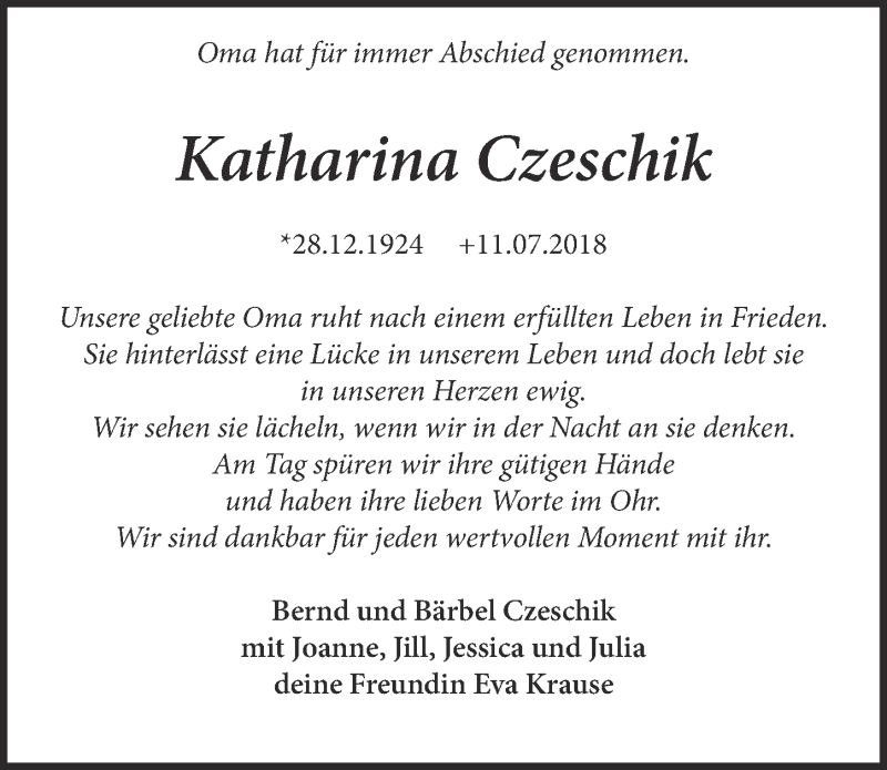  Traueranzeige für Katharina Czeschik vom 21.07.2018 aus  Blickpunkt Euskirchen  Sonntags-Post 