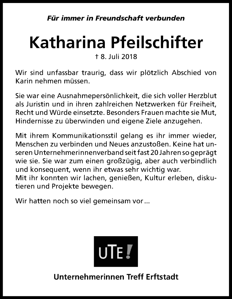  Traueranzeige für Katharina Pfeilschifter vom 14.07.2018 aus BG