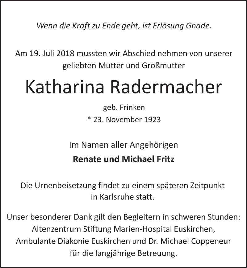  Traueranzeige für Katharina Radermacher vom 28.07.2018 aus  Blickpunkt Euskirchen 
