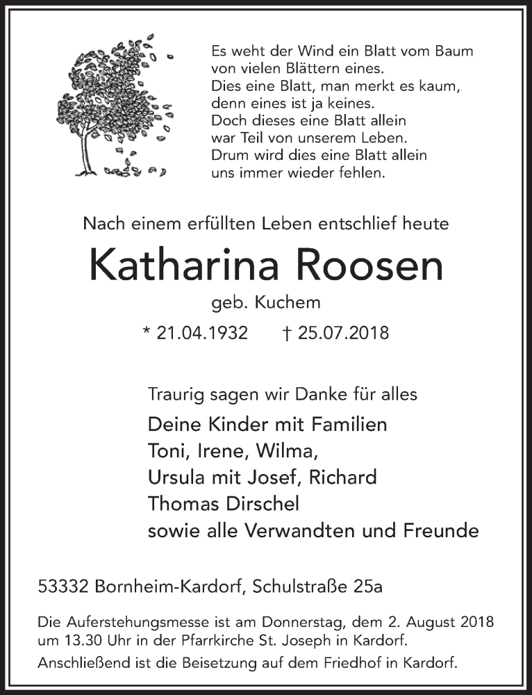  Traueranzeige für Katharina Roosen vom 01.08.2018 aus  Schaufenster/Blickpunkt  Schlossbote/Werbekurier 