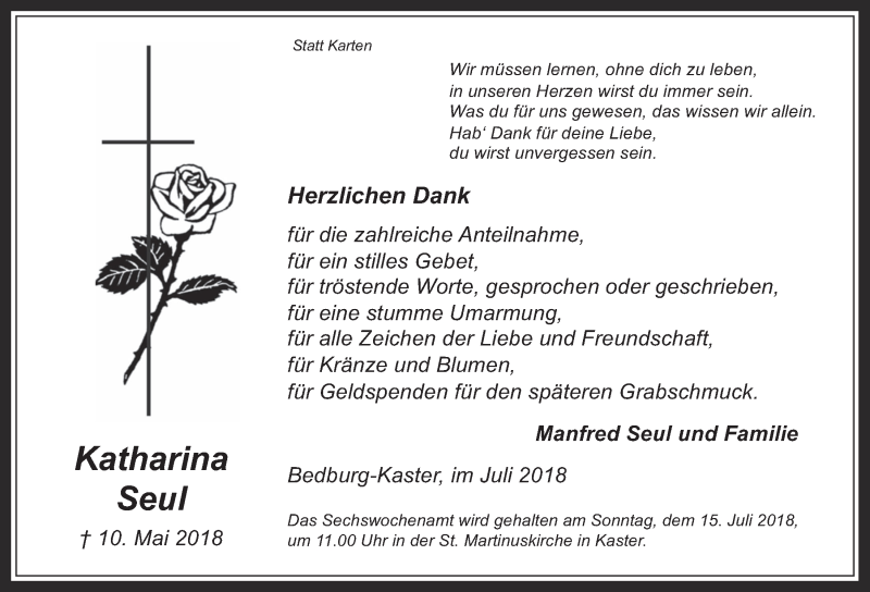  Traueranzeige für Katharina Seul vom 11.07.2018 aus  Werbepost 