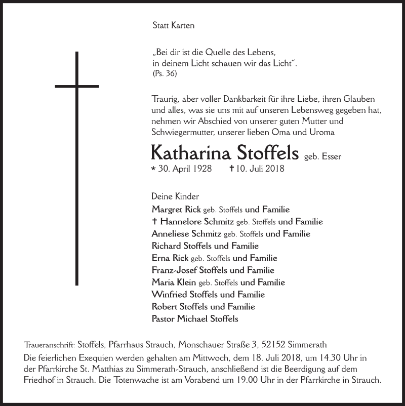  Traueranzeige für Katharina Stoffels vom 14.07.2018 aus  Blickpunkt Euskirchen 