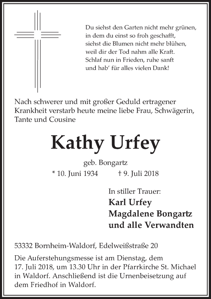  Traueranzeige für Kathy Urfey vom 11.07.2018 aus  Schaufenster/Blickpunkt  Schlossbote/Werbekurier 