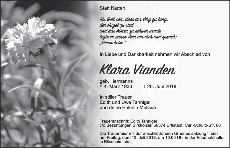  Traueranzeige für Klara Vianden vom 11.07.2018 aus  Werbepost 