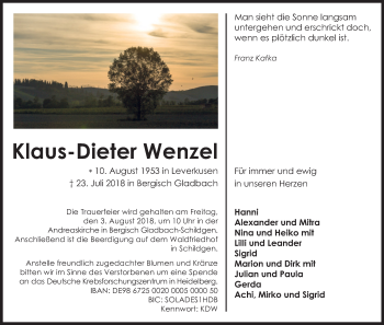 Anzeige von Klaus-Dieter Wenzel von RB