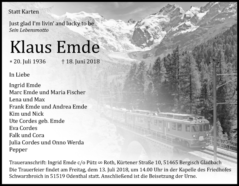  Traueranzeige für Klaus Emde vom 07.07.2018 aus RB