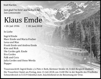 Anzeige von Klaus Emde von RB