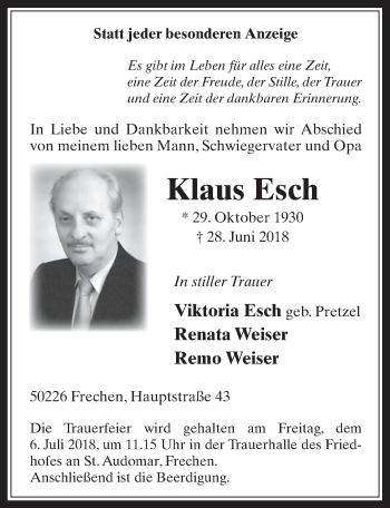 Anzeige von Klaus Esch von  Wochenende 