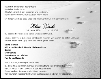 Anzeige von Klaus Garske von RB
