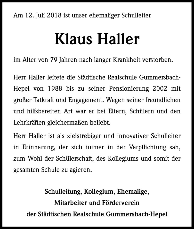  Traueranzeige für Klaus Haller vom 21.07.2018 aus OB