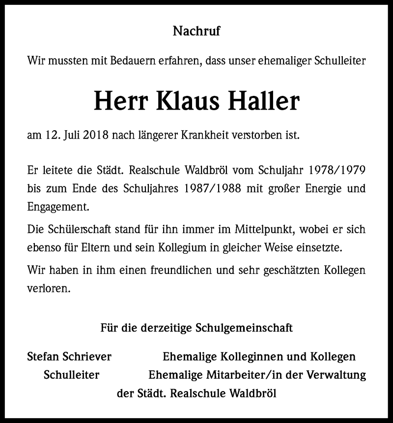  Traueranzeige für Klaus Haller vom 28.07.2018 aus OB