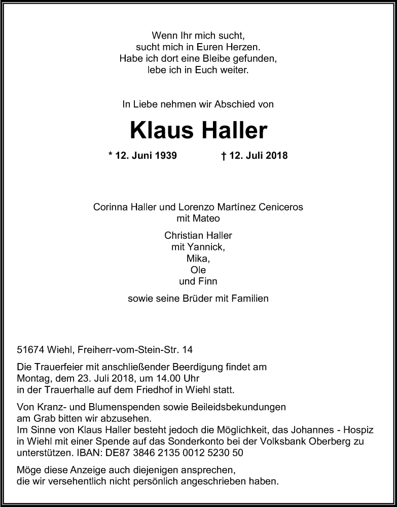  Traueranzeige für Klaus Haller vom 20.07.2018 aus OB