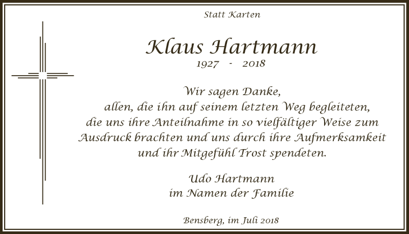  Traueranzeige für Klaus Hartmann vom 18.07.2018 aus  Bergisches Handelsblatt 