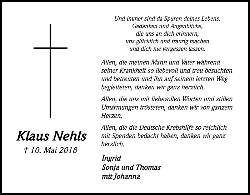  Traueranzeige für Klaus Nehls vom 14.07.2018 aus OB