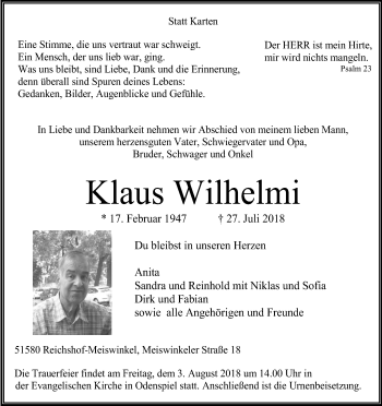 Anzeige von Klaus Wilhelmi von OB