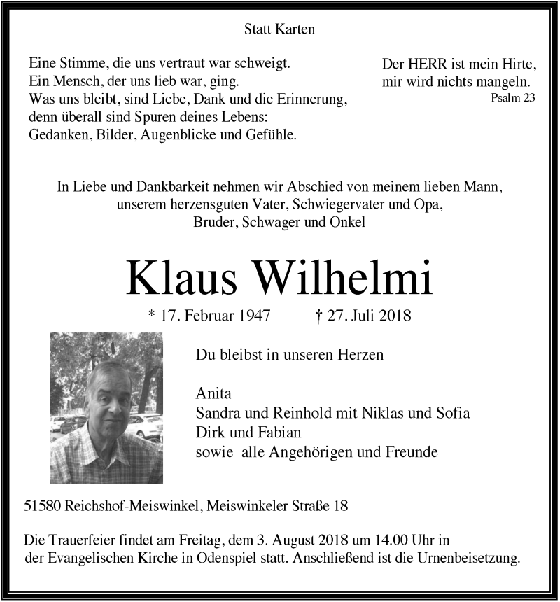  Traueranzeige für Klaus Wilhelmi vom 01.08.2018 aus  Lokalanzeiger 