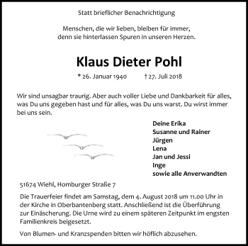 Anzeige von Klaus Dieter Pohl von Kölner Stadt-Anzeiger / Kölnische Rundschau / Express