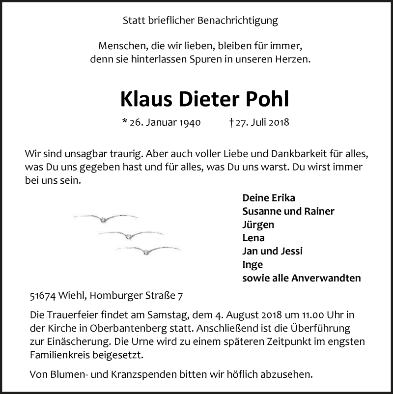  Traueranzeige für Klaus Dieter Pohl vom 01.08.2018 aus  Anzeigen Echo 