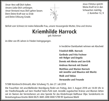 Anzeige von Kriemhilde Harrock von  Lokalanzeiger 
