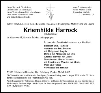 Anzeige von Kriemhilde Harrock von OB