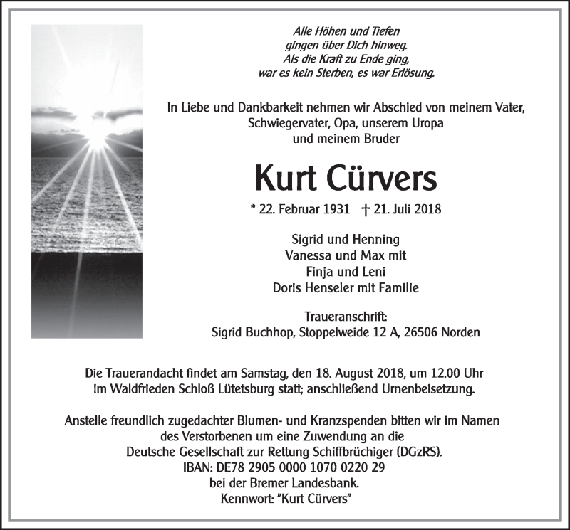  Traueranzeige für Kurt Cürvers vom 01.08.2018 aus  Schlossbote/Werbekurier 