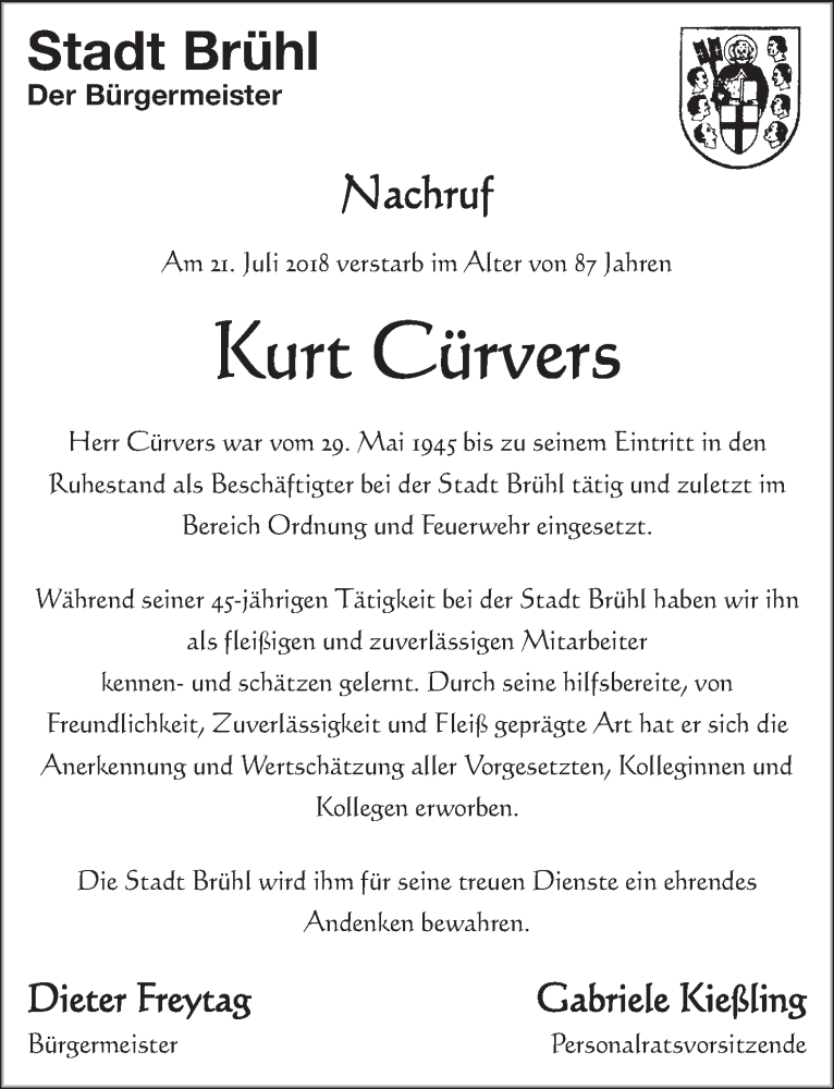  Traueranzeige für Kurt Cürvers vom 01.08.2018 aus  Schlossbote/Werbekurier 