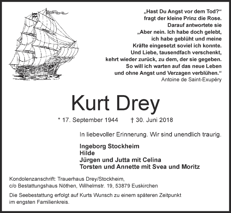  Traueranzeige für Kurt Drey vom 07.07.2018 aus  Blickpunkt Euskirchen 