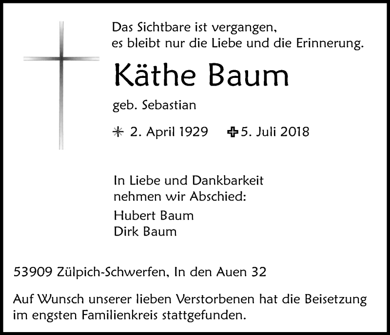  Traueranzeige für Käthe Baum vom 19.07.2018 aus EN