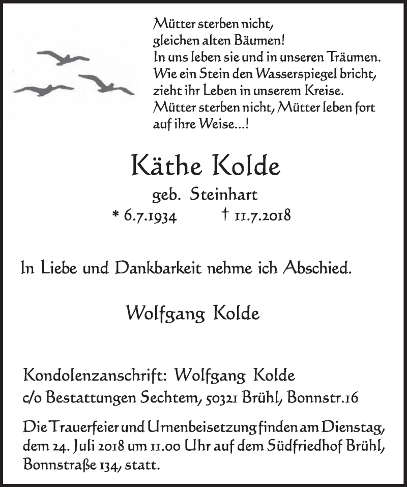  Traueranzeige für Käthe Kolde vom 18.07.2018 aus  Schlossbote/Werbekurier 
