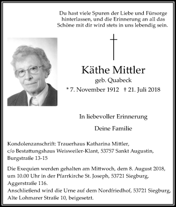 Anzeige von Käthe Mittler von HS