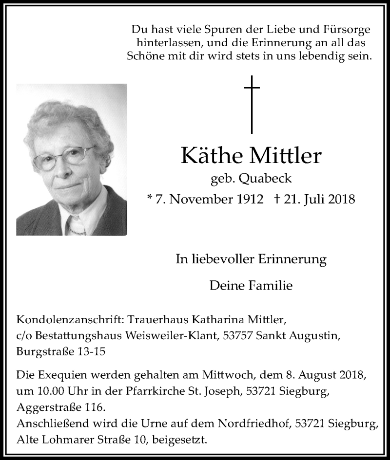  Traueranzeige für Käthe Mittler vom 28.07.2018 aus HS