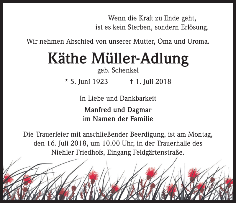  Traueranzeige für Käthe Müller-Adlung vom 14.07.2018 aus GS