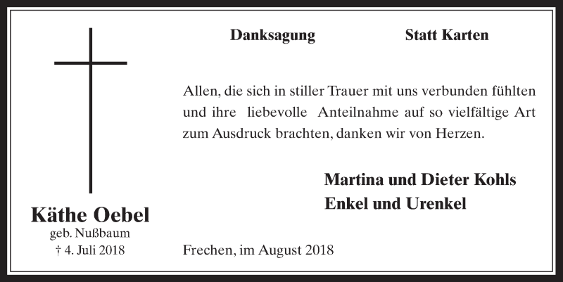  Traueranzeige für Käthe Oebel vom 01.08.2018 aus  Wochenende 