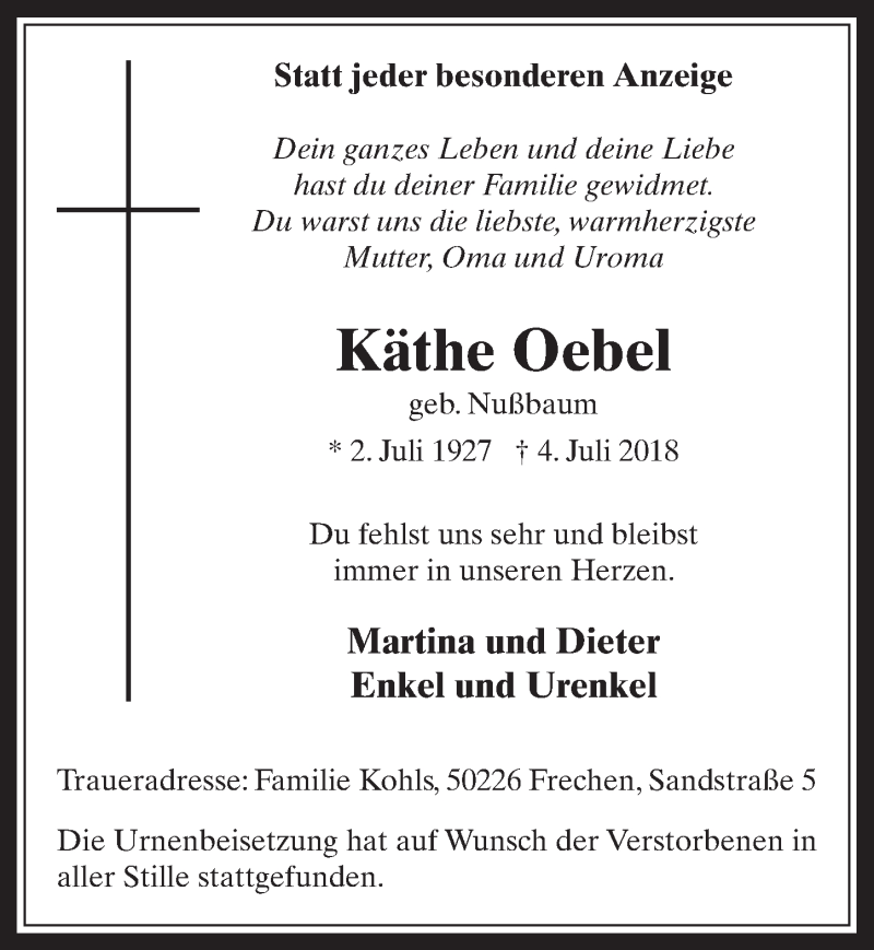  Traueranzeige für Käthe Oebel vom 25.07.2018 aus  Wochenende 