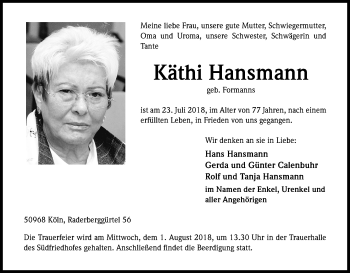 Anzeige von Käthi Hansmann von EXKB
